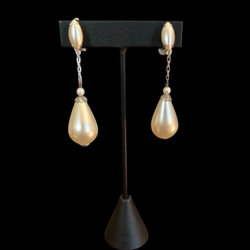 Mid Century Silver Tone Faux Pearl Clip On Earrings
